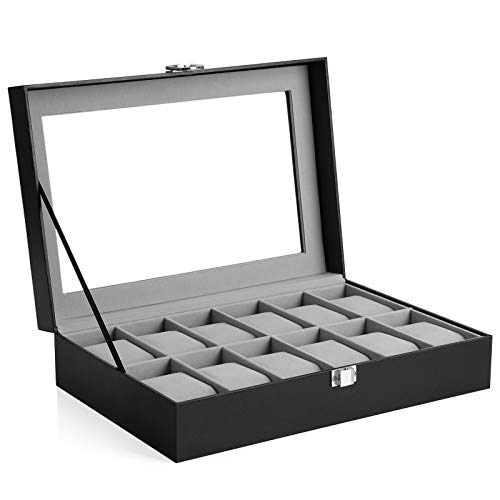 SONGMICS Caja de Relojes con 12 Compartimentos, Estuche para Relojes con Tapa de Cristal, Almohada Extraíble, Forro de Terciopelo, Cierre de Metal, Cuero Sintético Negro, Forro Gris JWB12BK