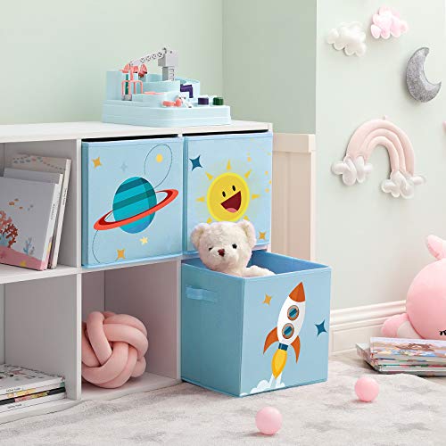SONGMICS Cajas de Almacenaje, Juego de 3, Organizadoras de Juguetes, Cubos Plegables con Asas, para Habitación de Niños, Sala de Juegos, 30 x 30 x 30 cm, Tema del Espacio, Azul RFB001B03