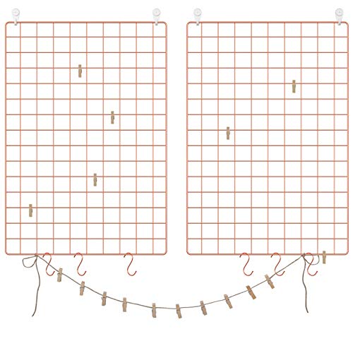 SONGMICS Juego de 2 Paneles de Malla, Pantalla para Foto, 65 x 45 cm, Decoración de Pared Metálica, Múltifuncional, Bricolaje, Exhibición de Arte, Gancho S, Pinzas, Cordón de Cáñamo, Oro Rosa LPP02DR