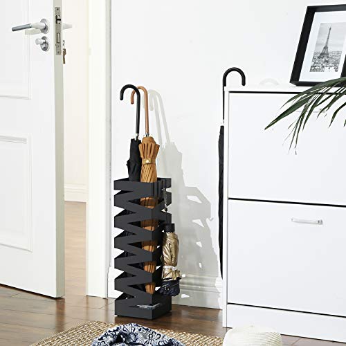 SONGMICS Paragüero Cuadrado, Soporte de Paragüas, con Gancho, Bandeja de Goteo, 49 x 15,5 x 15,5 cm, Negro LUC16B