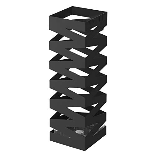 SONGMICS Paragüero Cuadrado, Soporte de Paragüas, con Gancho, Bandeja de Goteo, 49 x 15,5 x 15,5 cm, Negro LUC16B