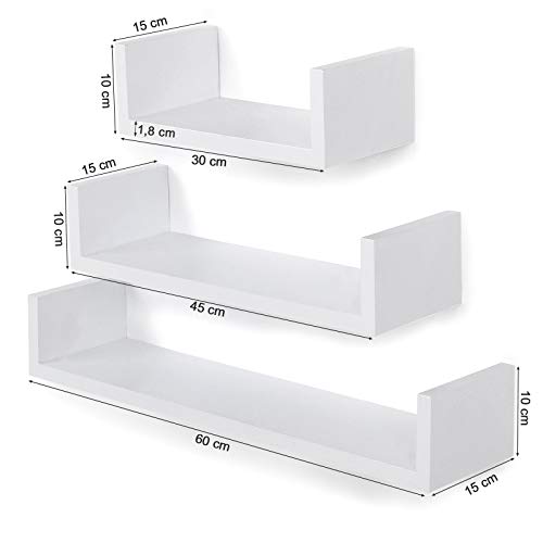 SONGMICS Set de 3 Estantes de Pared, Estantes Flotantes, 30/45/60 cm, Decorativos, Creativos, para Habitación, Salón, Cocina, Pasillo, Capacidad de Carga de 15 kg, Blanco LWS66W
