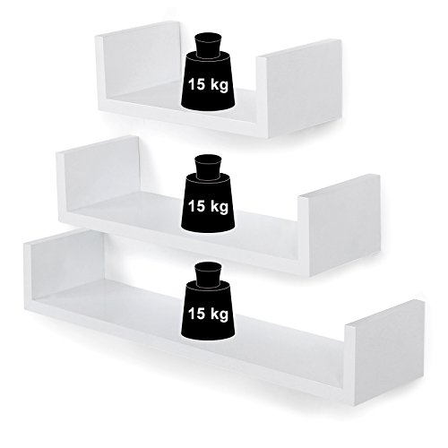 SONGMICS Set de 3 Estantes de Pared, Estantes Flotantes, 30/45/60 cm, Decorativos, Creativos, para Habitación, Salón, Cocina, Pasillo, Capacidad de Carga de 15 kg, Blanco LWS66W