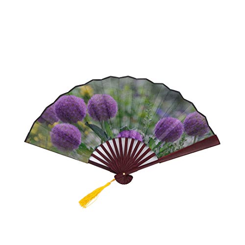 Soporte plegable para abanicos japonés Flor de cebolla gigante que florece con el marco de bambú Borla colgante y bolsa de tela Abanico grande Abanico de mano Abanico para mujeres Abanico abanico de