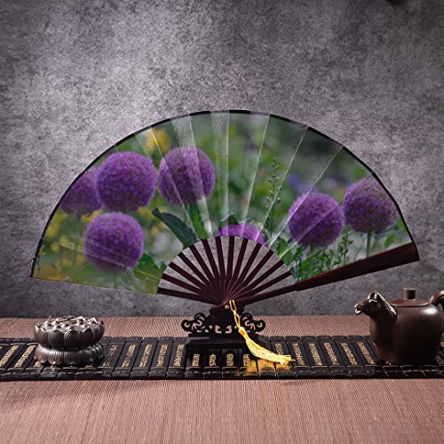 Soporte plegable para abanicos japonés Flor de cebolla gigante que florece con el marco de bambú Borla colgante y bolsa de tela Abanico grande Abanico de mano Abanico para mujeres Abanico abanico de