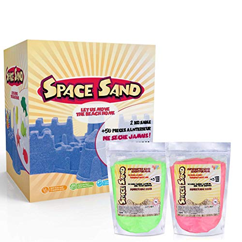 Space Sand 1.8 kg con 50 Piezas de Formas, números, Letras, Piezas de Castillos, Herramienta de Modelado, Arena mágica cinética, Probada por el TÜV, Modelo 2020 (0.9kg Verde y 0.9kg Rosa)
