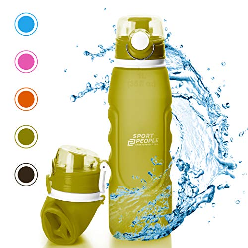 sport2people Botella de Agua Plegable de Silicona de 1 L, Calidad médica, sin BPA, con válvula de Seguridad para Viajes, Deportes, Exteriores, Camping (Army Green)