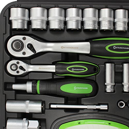 STARKMANN Blackline Juego de llaves de tubo Llave de trinquete Caja de herramientas Cajón Bits Llave de extremo abierto Bisagra 104 piezas