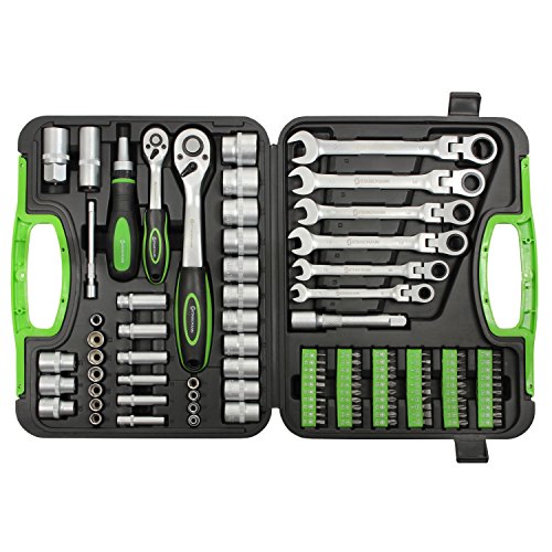 STARKMANN Blackline Juego de llaves de tubo Llave de trinquete Caja de herramientas Cajón Bits Llave de extremo abierto Bisagra 104 piezas
