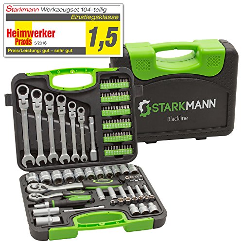 STARKMANN Blackline Juego de llaves de tubo Llave de trinquete Caja de herramientas Cajón Bits Llave de extremo abierto Bisagra 104 piezas