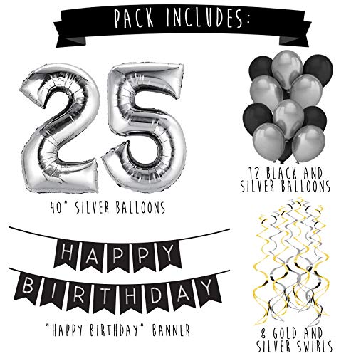 Sterling James Co. Paquete para Fiesta de Cumpleaños Número 25 “Happy Birthday”- Paquete con Banderín de Feliz Cumpleaños Negro y Plateado, Globos y Serpentinas- Decoración para Cumpleaños