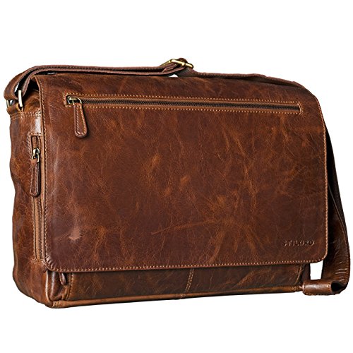 STILORD 'Jan' Maletín para portátil de 15,6' Cuero Estilo Vintage Bolsa de Hombro Bolso de Mensajero o Bandolera de auténtica Piel de búfalo, Color:marrón - Antico