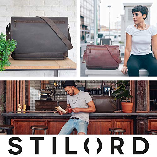 STILORD 'Jan' Maletín para portátil de 15,6' Cuero Estilo Vintage Bolsa de Hombro Bolso de Mensajero o Bandolera de auténtica Piel de búfalo, Color:marrón - Antico