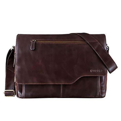 STILORD 'Marvin' Bolso Bandolera de Piel para Hombre y Mujer Bolsa de Mensajero para portátil de 15,6' Maletín Unisex de auténtico Cuero Vintage, Color:Lyon - marrón