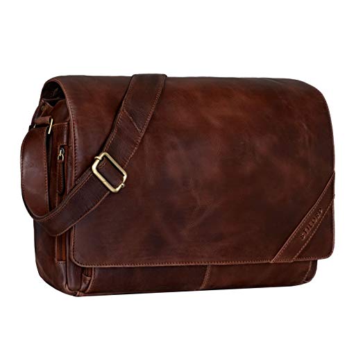 STILORD 'Nick' Bolso de Mensajero Unisex de Cuero Vintage Maletín para portátiles de 15,6' Bolsa de Profesor Universidad Negocios o Bandolera de auténtica Piel, Color:Lyon - marrón