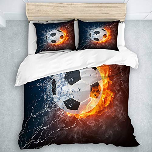 SUHOM Bedding Juego de Funda de Edredón,Imagen de balón de fútbol de Alta resolución en Fuego y Agua para Imprimir un Juego de Pelota de fútbol,Microfibra (Cama 140x200 + Almohada 50X80),Single