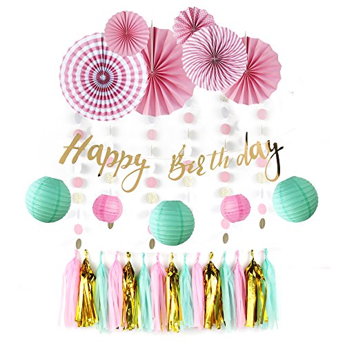 Sunbeauty 28 Piezas Cumpleaños Rosa Decoracion Fiesta, Linterna Menta Abanico de Papel Rosa Borla Dorado Guirnalda Pancartas Happy Birthday, Fiesta para Infantil Niña Cumpleanos Princesa