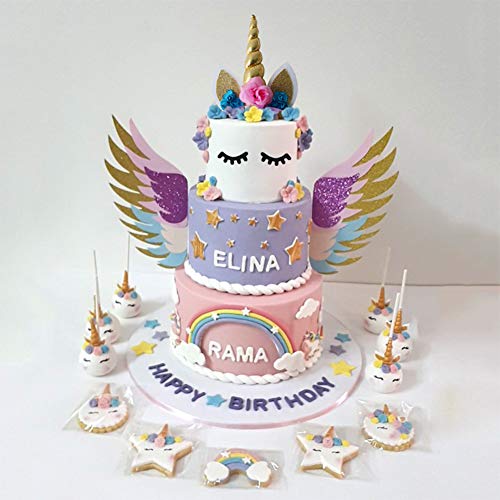 SUNSHINETEK Unicorn Cake Topper Set with Wings / Gold Glitter Unicorn Horn Horn / Sparkly Colorful Wings / Orejas / Pestañas para la Fiesta Suministros Cumpleaños Boda Navidad