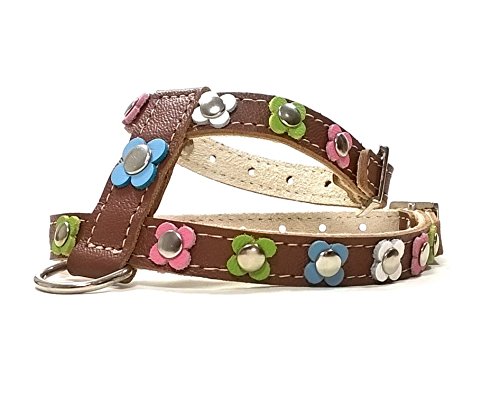 Superpipapo Original Arnés para Perros, Cuero Marrón, Correa Opcional, Hippie Vintage con Bonitas Flores Color Pastel Rosa, Verde, Azul, Blanco, Mediano, M: Cuello 27-32 cm, Pecho 42-47 cm