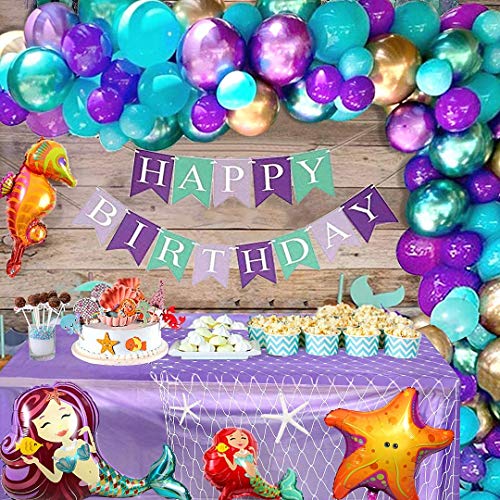 Tacobear Sirena Cumpleaños Party Decoración Sirena Bandera Sirena Globos Red de Pesca Deco Mantel para Niños Niñas Sirena Cumpleaños Party Fiesta Accessori