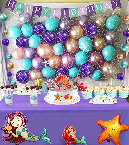 Tacobear Sirena Cumpleaños Party Decoración Sirena Bandera Sirena Globos Red de Pesca Deco Mantel para Niños Niñas Sirena Cumpleaños Party Fiesta Accessori
