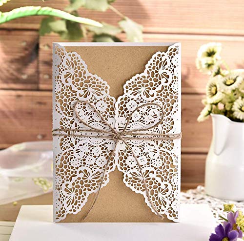 Tarjetas de Invitaciones,10 Pack Vintage Tarjeta de Invitación de Boda Set Incluir Retro Corte láser,Blanco Hojas Interiores Papel Kraft,Sobre y Hilo de Yute para Fiesta Cumpleaño Aniversario Navidad