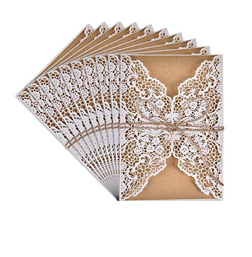 Tarjetas de Invitaciones,10 Pack Vintage Tarjeta de Invitación de Boda Set Incluir Retro Corte láser,Blanco Hojas Interiores Papel Kraft,Sobre y Hilo de Yute para Fiesta Cumpleaño Aniversario Navidad