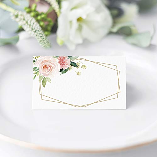 Tarjetas de lugar florales para bodas o fiestas, tarjetas de lugar para mesas, puntuadas para plegar fácilmente, colorete, coral y diseño de flores geométricas verdes, 2 x 3.5 pulgadas, 50 unidades