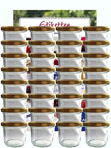 Tarro Juego de tarros vasos | cantidad 25 pieza | cantidad de relleno 125 ml, con Tapa de rosca Tapa Color Oro 25 etiquetas NZ | Allrounder para mermelada (presupuesto etiquetas etiquetar vasos