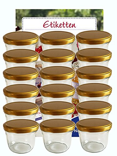 Tarro Juego de tarros vasos | cantidad 25 pieza | cantidad de relleno 230 ml, con Tapa de rosca Tapa Color Oro 25 etiquetas NZ para escribir | Allrounder para tarros para conservas (