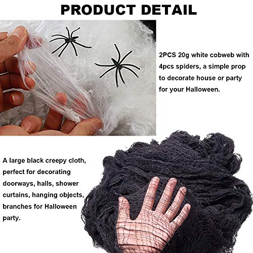 Tela De Halloween Negro Creepy Cloth, Bst4U Fantasma Festival Halloween Gasa PoliéSter AlgodóN Rejilla Grande DecoracióN 84.65 * 196.85 Pulgadas+2 PCS ArañA AlgodóN+4 PCS ArañA (Negro)