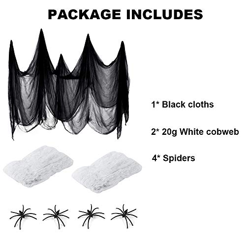 Tela De Halloween Negro Creepy Cloth, Bst4U Fantasma Festival Halloween Gasa PoliéSter AlgodóN Rejilla Grande DecoracióN 84.65 * 196.85 Pulgadas+2 PCS ArañA AlgodóN+4 PCS ArañA (Negro)