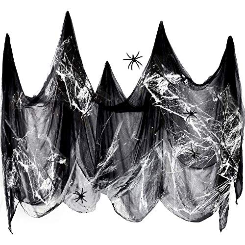 Tela De Halloween Negro Creepy Cloth, Bst4U Fantasma Festival Halloween Gasa PoliéSter AlgodóN Rejilla Grande DecoracióN 84.65 * 196.85 Pulgadas+2 PCS ArañA AlgodóN+4 PCS ArañA (Negro)