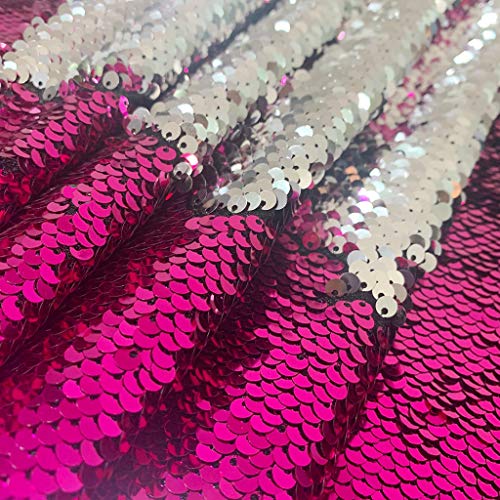 Tela de lentejuelas Tela de lentejuelas de sirena Tela de lentejuelas reversible Plata fucsia Lentejuelas de 1 yarda para coser telas Tela de plata rosa fuerte para confección Tela de purpurina