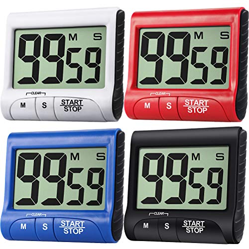 Temporizador de cocina digital de 4 piezas, con pantalla grande, temporizador de cocina, contador electrónico magnético con alarma fuerte para cocinar y hornear, negro, blanco, rojo, azul