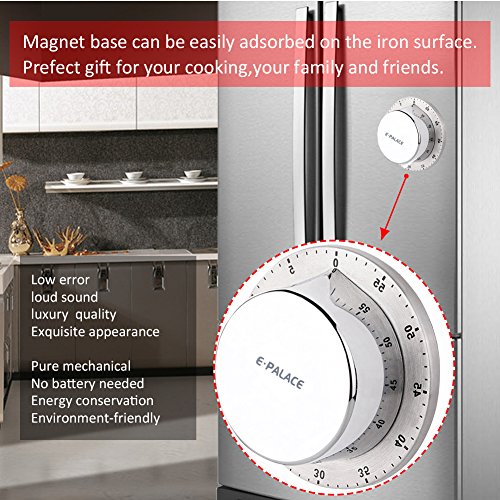Temporizador de cocina, temporizador de cocina con soporte magnético de alarma, cuerpo de acero inoxidable, temporizador mecánico de cuenta atrás recordatorio de cocina, color plateado