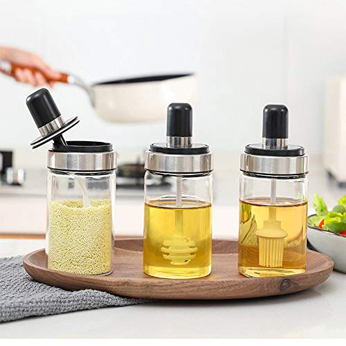 Tenta Kitchen Hermético Borosilicato vidrio miel Bee Pot con Dipper condimento especias miel abeja pastelería y repostería cepillos con tapa, especias tarros condimento, frascos vacíos 8.45 oz