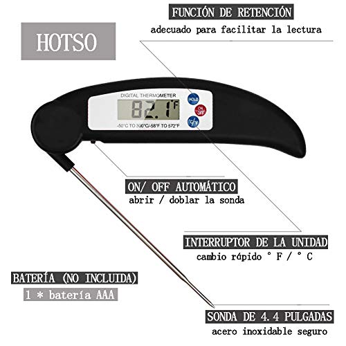 Termómetro Cocina Digital, Termometro de Carne de Lectura Instantánea Temporizador Electrico de Alimentos con Sonda Apto para Comida Bebé, BBQ, Leche, Líquido, Vino, Pollo(Negro)