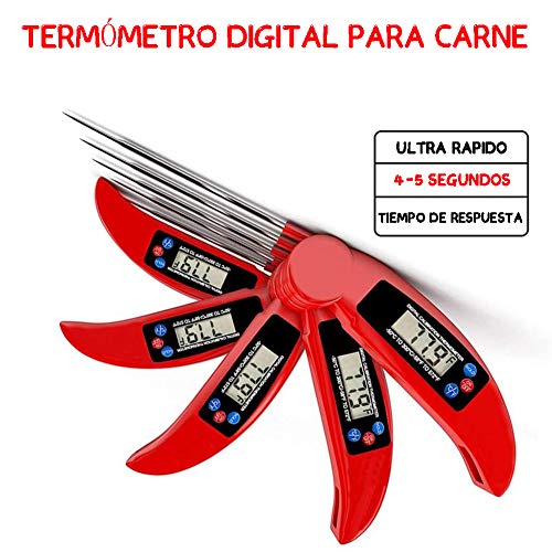 Termómetro de Cocina Digital LCD, HOTSO Temporizador Electrico Plegable para Carne Termometro de Alimentos con Sonda para Barbacoa, Agua, Fácil de Usar/Llevar(Rojo)