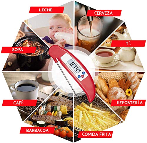 Termómetro de Cocina Digital LCD, HOTSO Temporizador Electrico Plegable para Carne Termometro de Alimentos con Sonda para Barbacoa, Agua, Fácil de Usar/Llevar(Rojo)