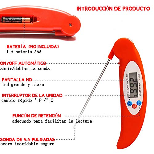 Termómetro de Cocina Digital LCD, HOTSO Temporizador Electrico Plegable para Carne Termometro de Alimentos con Sonda para Barbacoa, Agua, Fácil de Usar/Llevar(Rojo)