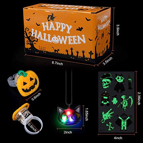 ThinkMax 48 Pcs Anillos LED Collares con 6 Tatuajes de Halloween, Suministros para Fiestas Infantiles para Fiestas de Halloween, Relleno de Bolsa de Regalos