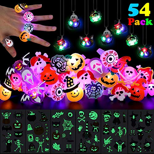 ThinkMax 48 Pcs Anillos LED Collares con 6 Tatuajes de Halloween, Suministros para Fiestas Infantiles para Fiestas de Halloween, Relleno de Bolsa de Regalos