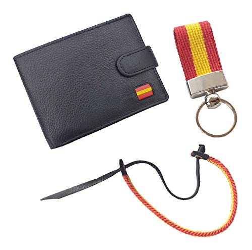 Tiendas LGP - Cartera Billetero Monedero Americano, Bandera de España, Caballero -Piel Autentica, Color Negro + Llavero + Pulsera