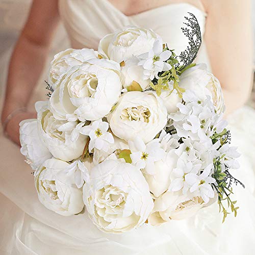 Tifuly 2 Piezas de Ramos de peonía Artificial, Ramo de Flores de imitación de peonías de Seda realistas para la decoración del Banquete de Boda en el hogar, arreglos Florales(Blanco Primavera)