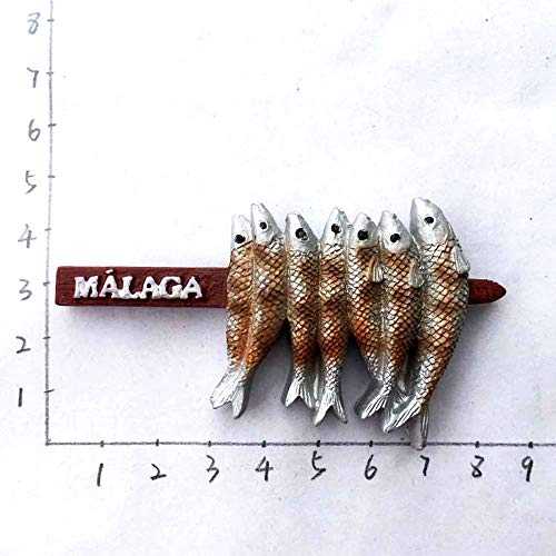 Time Traveler Go Málaga España Delicious Snack Grill Fish Pinchos de resina 3D imán para refrigerador de recuerdos colección de regalo para el hogar y la cocina, imán magnético para nevera