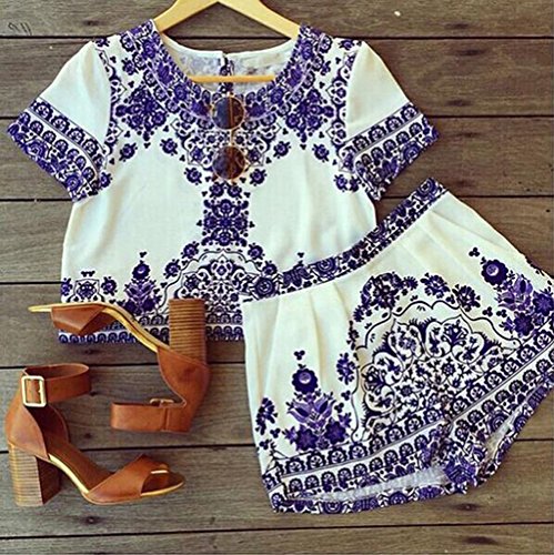 Tininna - Conjunto de pantalones cortos y camiseta holgada, diseño tipo porcelana, color azul y blanco azul L 