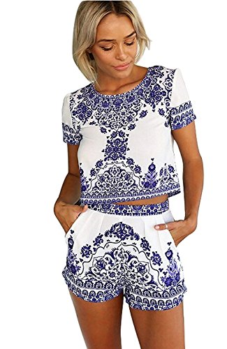 Tininna - Conjunto de pantalones cortos y camiseta holgada, diseño tipo porcelana, color azul y blanco azul L 