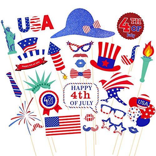 Tinksky 4 de Julio Photo Booth Props patriótico 4 de Julio Fiesta temática Favor American Independence Day Party Decoraciones, Paquete de 28