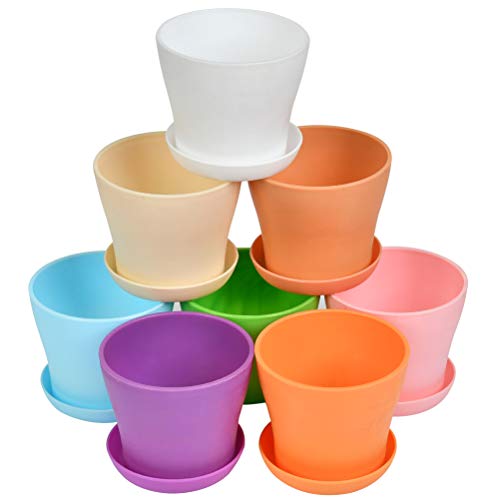 TOKERD 10 Piezas Macetas de Plástico con Plato Coloridas 14cm Macetas de Plantas de Interior y de Exterior para Oficina u Hogar